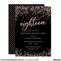 a black and pink birthday party with gold confetti on the front, and an elegant