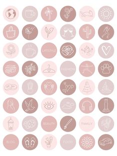 a bunch of pink and white circles with different types of things in them on them