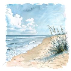 watercolor painting of beach scene with sea oats in foreground and clouds in the background