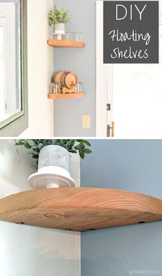 a wooden surfboard sitting on top of a shelf next to a bathroom mirror and sink