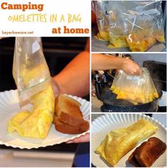 the collage shows how to make camping omelets in a bag at home