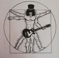 a black and white drawing of a man with a guitar in front of his body