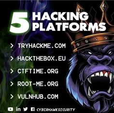 an image of a gorilla with a crown on his head and the words 5 hacking platforms