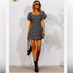 Puff Sleeve Tweed Dress Shein Dress, Shein Dresses, Birthday Dress, Tweed Dress, Birthday Dresses, Puff Sleeve, New Dress, Women's Fashion, Plaid