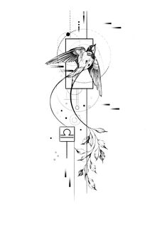 a black and white drawing of a bird on a branch with geometric shapes in the background