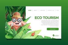 the eco tourism landing page with an image of a man in glasses and a bug