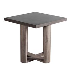 a square wooden table with a black top and grey wood legs on an isolated white background