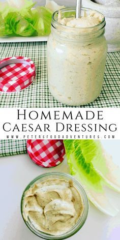 homemade caesar dressing in a mason jar with celery and lettuce on the side