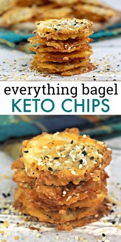 everything bagel keto chips stacked on top of each other with the text overlay