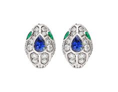 Serpenti 18 Kt White Gold Earrings Set With Emerald Eyes, Full Pavé Diamonds And A Blue Sapphire On The Head Bvlgari Earrings, Bulgari Jewelry, Bvlgari Serpenti, Luxury Earrings, Animal Earrings, White Gold Earrings, Earring Patterns, Single Earring, High Jewelry