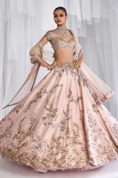 Shop for Dolly J Peach Posey Bridal Raw Silk Kamdani Work Lehenga Set for Women Online at Aza Fashions Kamdani Work, Dolly J, Head Veil, Pink Bridal Lehenga, Cape Lehenga, Lehenga Dupatta, Tulle Embroidery, Pale Peach, Indian Gowns Dresses