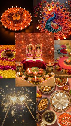 many different pictures with candles and food on them in the middle one has an image of two people sitting at a table surrounded by other items