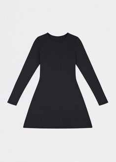 A crewneck long sleeve jersey dress with a slim fit bodice and flared skirt. Wear under a vintage jacket with knee high boots. Long Sleeve Jersey Dress, Black Long Sleeve Dress, Long Sleeve Jersey, Flared Skirt, Vintage Jacket, Fitted Bodice, Jersey Dress, Flare Skirt, Black Long Sleeve