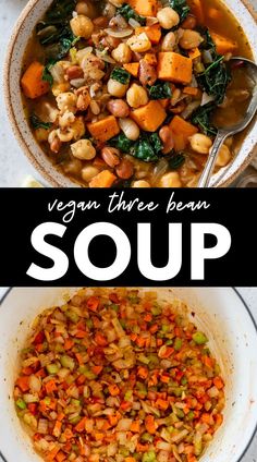 two pictures with different types of soup in them and the words vegan three bean soup