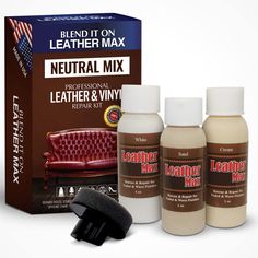 three bottles of leather and vinyl cleaner next to a box