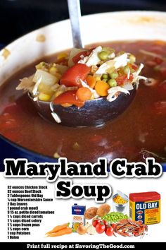 an advertisement for mary land crab soup