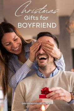 a man holding a small gift box with the words christmas gifts for boyfriend