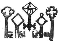 an assortment of old keys are shown in black and white