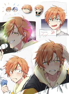 an anime character with red hair and orange eyes, holding a cell phone to his ear