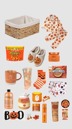 an assortment of items that include baby shoes, socks, and other things to wear for halloween