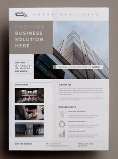 a business brochure is shown with an image of a skyscraper in the background