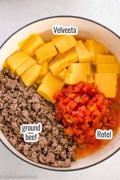 the ingredients for this meal include ground beef, diced cheese, and tomato sauce