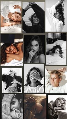 black and white photo collage with many different women in the same image, including one woman