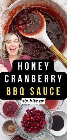 Recipe for honey cranberry BBQ sauce with ingredients with text overlay and Sip Bite Go logo Cranberry Bbq Sauce, Avocado Sandwich Recipes, Delicious Christmas Desserts, Steak Dishes, Leftover Cranberry Sauce, Pork Meatballs, Cranberry Sauce Homemade