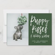 a greeting card with a photo of a puppy holding a bouquet of flowers and the words, happy kisses & holiday wishes