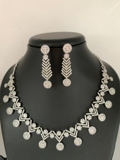 AD Clear Stone Silver Polish Short Necklace Formal Rhinestone Jewelry Sets, Crystal Jewelry Sets With Matching Earrings, Crystal Necklaces With Matching Earrings, Costume Jewelry Sets With Matching Round Earrings, D Necklace, Necklace Traditional, Real Diamond Necklace, Short A, Silver Polish