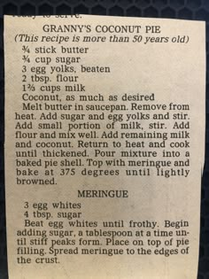 an old recipe for grany's coconut pie