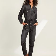 Annie Belted Denim Jumpsuit In Black Designed For A Slightly Loose Fit And The Tie To Cinch The Waist High Rise Relaxed Fit Jumpsuits And Rompers For Fall, High Rise Relaxed Fit Jumpsuits For Fall, Fall High Rise Relaxed Fit Jumpsuits And Rompers, Fall Workwear Jumpsuits And Rompers With Straight Leg, Straight Leg Jumpsuits For Work In Fall, Bearded Lady, Red Trench Coat, Velvet Jumpsuit, Red Romper