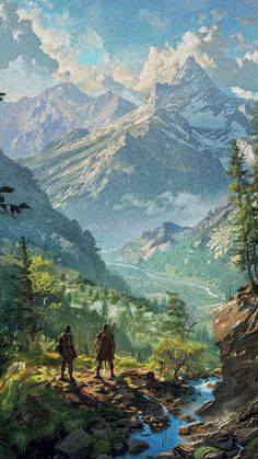 two people are walking in the mountains near a stream