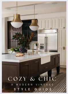 the cover of cozy and chic a modern vintage style guide, featuring two pendant lights