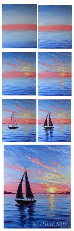 four paintings of sailboats in the ocean at sunset