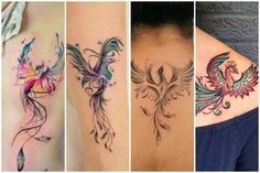 four different colored tattoos on the back of women's shoulder and upper halfs