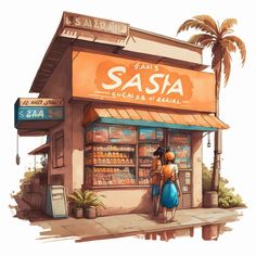 two people are standing in front of a store with an orange sign that says sasa