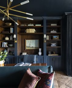 a living room filled with furniture and bookshelves