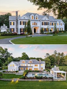 two pictures of a large white house with lots of windows and landscaping in the front yard