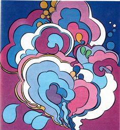 a painting with blue, pink and yellow colors on it's sides in the shape of clouds