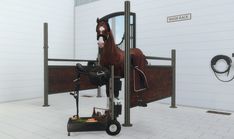 a horse is standing on top of a cart in the middle of a room with white walls