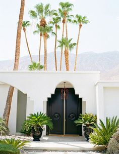 an entrance to a house with palm trees and potted plants on the steps leading up to it