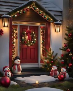 a house decorated for christmas with snowmen and wreaths on the front entrance door