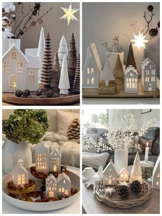 christmas decorations are displayed on the table in different styles and colors, including white houses