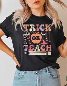 Halloween T Shirts For Teachers, Graphic Tees Teacher, Teacher Fall Shirts, Halloween Teacher Shirt, Teacher T-shirts, Teacher T Shirts Ideas Design, Teaching Outfits Elementary, Kindergarten Outfits, Fall Teacher Shirts