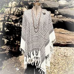 Vince Camuto Lightweight Shawl / Wrap / Shrug / Poncho - One Size - Measures At Lowest From Shoulder To Bottom Arm 15” & 32” From Shoulder To Lowest Part Of Shawl - Black & White With Fringe Details & Printed Design - Very Lightweight And Perfect For Summer ! Great On Those Chilly Nights When You Need Just A Little Something Wraps Around You To Your Liking Colors Match Everything ! Necklace Mot Included In The Sale - Just The Shawl :) Brand New W/ Tags Attached ! Check Out My Closet To Bundle & White Poncho For Fall Festival, White One Size Poncho For Festival, White Cotton Poncho For Vacation, One Size White Poncho For Festivals, White One Size Bohemian Poncho, Bohemian Shawl Cover-up For Vacation, White One-size Poncho For Festival, Summer Bohemian Black Shawl, Wrap Shrug