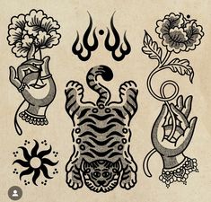 an old school tattoo design with flowers and animals