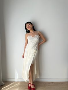 Vintage liquid silk lace satin backless white slip long maxi camisole dress, you can wear it as a summer silk slip dress or night party dress. era: 1990, 2000, Y2K material:100% pure silk Size: around S, Model wears size S, 36 Full length 125cm pit to pit: 39cm waist: 35cm condition: very good condition Please keep in mind that this is vintage second hand piece. It may have small marks and/or snags and sign of wear throughout. Please purchase willing to accept all signs of wear. NOTE For shop up Summer Evening Slip Dress With Delicate Lace, Summer Satin Evening Nightgown, Summer Evening Satin Nightgown, Summer Satin Nightgown For Wedding Night, Silk Sleeveless Slip Dress With Delicate Lace, Silk Evening Nightgown For Summer, Summer Silk Sleepwear For Evening, Silk Sleepwear For Summer Evenings, Summer Cami Slip Dress With Delicate Lace