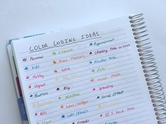 a spiral notebook with colored writing on it and the words color coloring ideas written in different colors