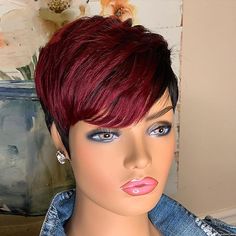 Category:Human Hair Capless Wigs; Gender:Women's,All; Wig Type:Natural Wigs,Cosplay Wig; Occasion:Party  Evening,Daily Wear; Age Group:Adults; Wig Length Range:4-6; Color Shade:Burgundy; Density:130%; Origin of Hair Donors:Brazilian Hair; Hair Material:Human Hair; Cap Construction:Capless,Machine Made; Texture:Straight; Length:Short; Features:For Black Women,Natural Hairline,Adjustable; Heat Resistant:Yes; Listing Date:05/16/2022; Cap Circumference:; Front to Back:; Nape of Neck:; Side to Side A Pixie Color, Bob Hairs, Short Wavy Pixie, Wavy Pixie Cut, Bob Pixie Cut, Black Wigs, Short Wavy Bob, Brazilian Straight Human Hair, Ombre Blonde